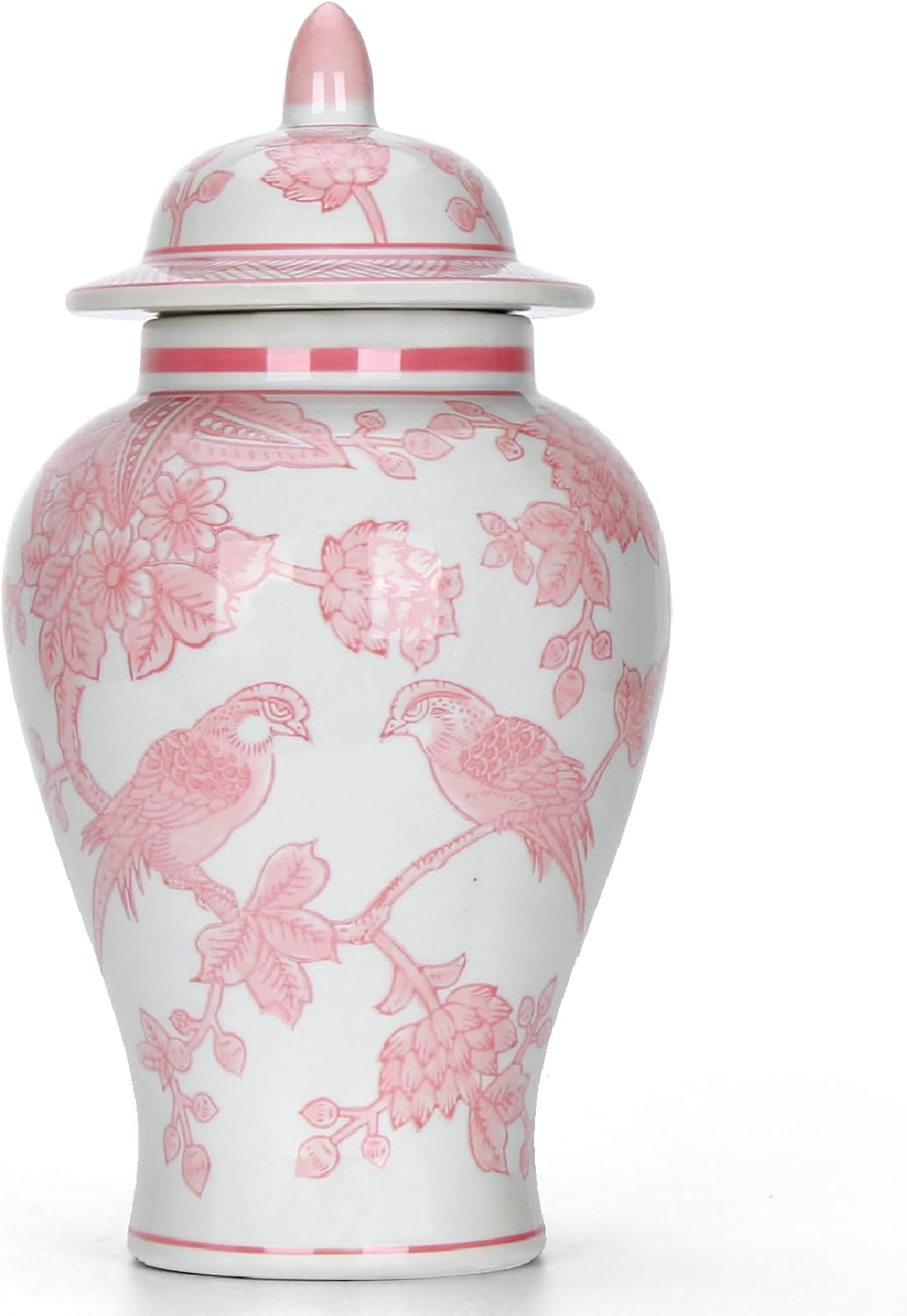 11" Pink Ginger Jar with Lid Porcelain Stylized Songbirds Floral Temple Jar