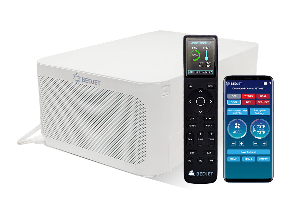 BedJet climate comfort system styled as a cozy winter bedroom upgrade