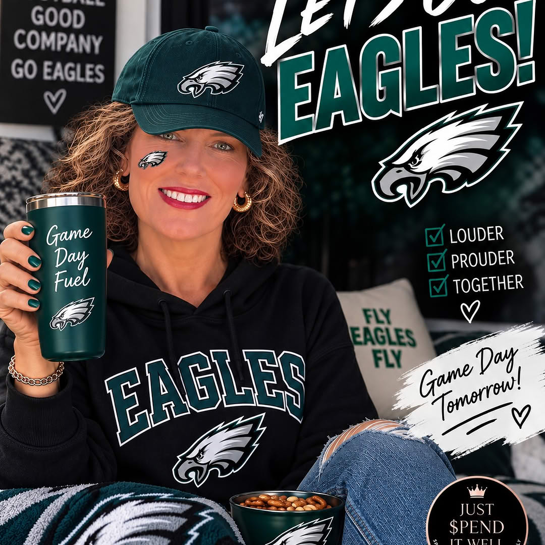 Jessica wearing a Philadelphia Eagles hat and hoodie while holding an Eagles Game Day Fuel tumbler beneath the words Let's Go Eagles