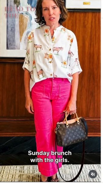 A polished pink Head to Toe outfit with blouse, jeans, flats, and handbag